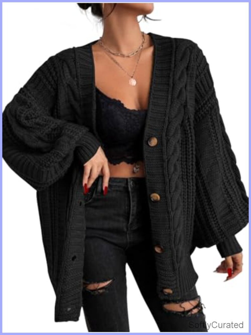 Oversized Cable Knit Cardigan Button V-Neck Long Sleeve Fall Winter Sweater